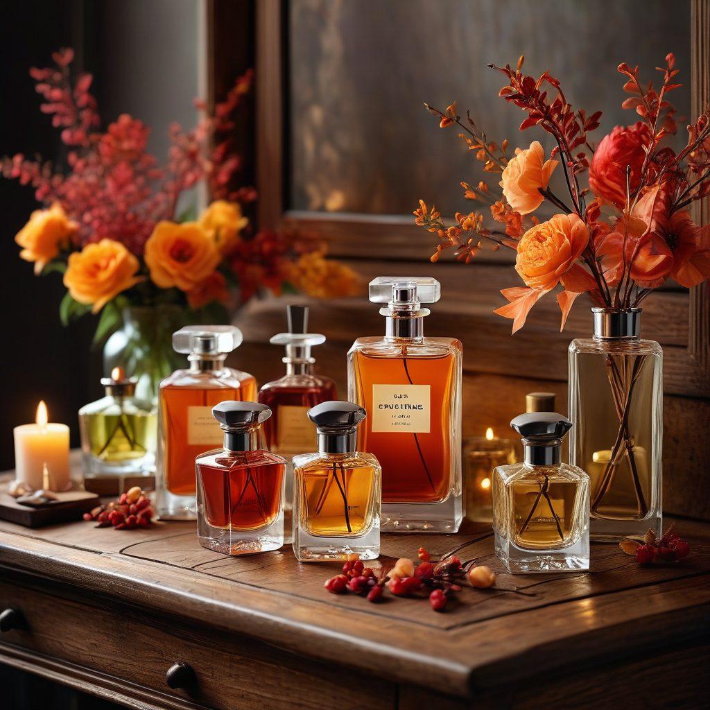 A visually striking composition showcasing various elegant perfume bottles artfully layered on a wooden vanity, surrounded by seasonal flowers like jasmine and autumn leaves. In the background, a soft ambiance of warm candlelight creates an inviting atmosphere, inviting viewers to embrace the artistry of fragrance layering. Include hints of fabric swatches in seasonal colors to highlight the theme of seasonal scents. super-realistic. vibrant colors. soft focus.