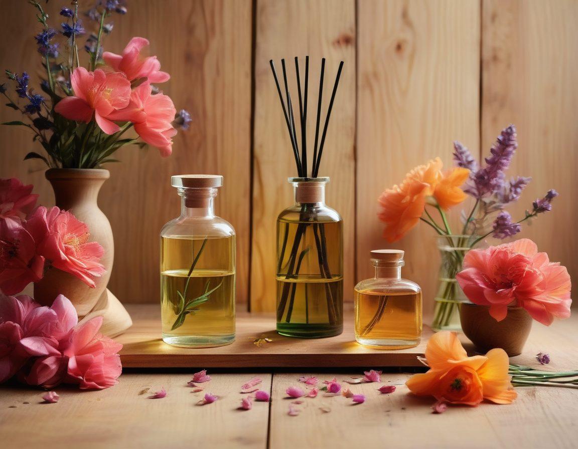 A captivating blend of vibrant floral arrangements transitioning into rich, textured wooden elements, symbolizing the evolution from floral scents to woody aromas. Include aromatic oil bottles, delicate petals, and wooden incense sticks in an artistic layout. Enhance with ethereal light filtering through, creating a sense of depth and warmth. Watercolor style with soft yet vivid colors, evoking a soothing and aromatic atmosphere.