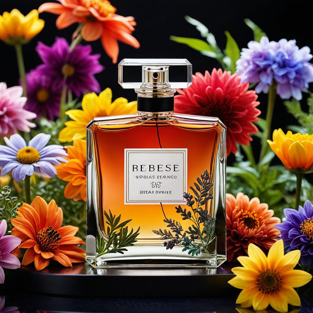 A serene scene with an elegant glass perfume bottle surrounded by colorful flowers, herbs, and spices representing various fragrances. In the background, soft silhouettes of people engaged in fragrance selection and application, creating a dreamlike atmosphere. Warm, inviting lighting enhances the mood of exploration and discovery. super-realistic. vibrant colors. soft focus.